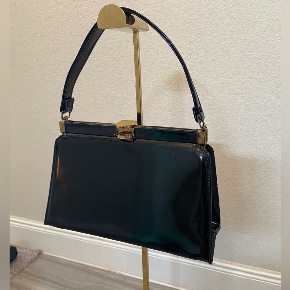 Vintage Bobby Jerome Black Vinyl Satchel Top Handle Purse Gold Hinge Clasp - Picture 1 of 14